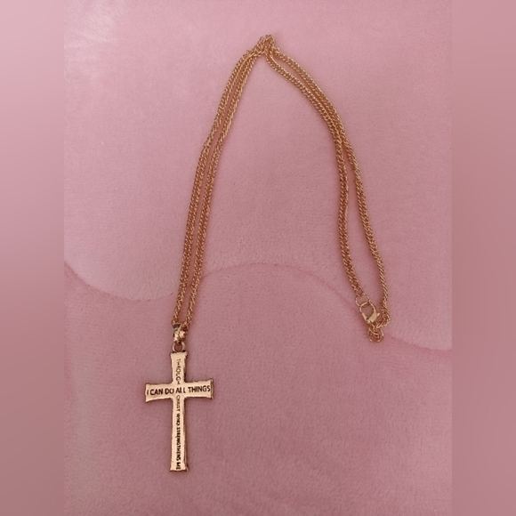 NEW Engraved "I Can Do All Things Through Christ" 18k Goldplated Cross Necklace - Picture 2 of 4